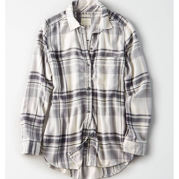 Grey white plaid oversized flannel American Eagle